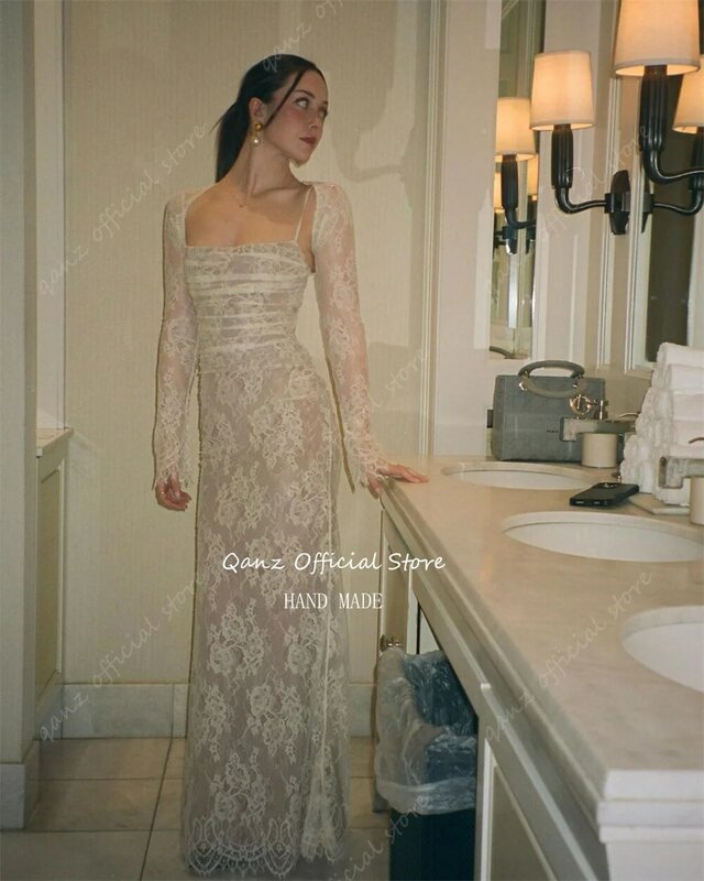 Женское свадебное платье-Русалка Qanz, роскошное кружевное платье из тюля на тонких бретельках с длинными рукавами, 2024