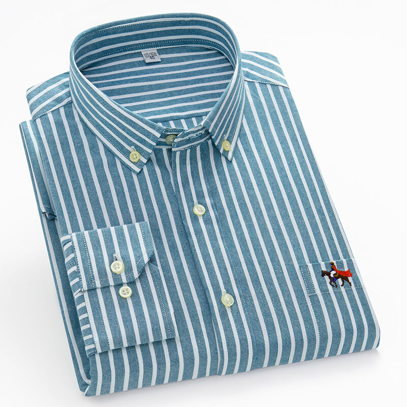 남성용 옥스포드 체크 무늬 셔츠, 자수 캐주얼 긴팔 셔츠, 화이트 블루 원피스 셔츠, 2024 하이 퀄리티 100% 면