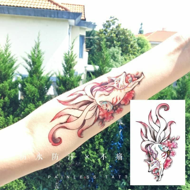 Tatuaje de manga de brazo grande para mujer, pegatinas de tatuaje temporales impermeables de Ninetales, Sakura, gato, demonio, arte corporal japonés, tatuajes falsos completos