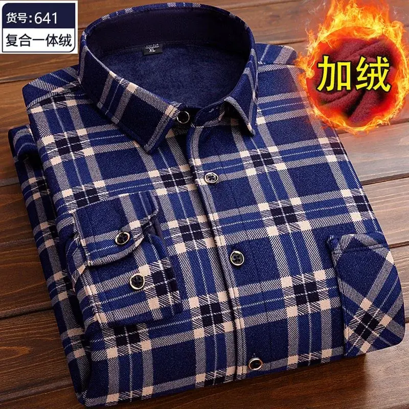 2023 Autumn and Winter New Fashion Trend Men's Long-Sleeved Plaid Shirt Plus Fleece Thickened Warm High Quality Plus-Size Shirt