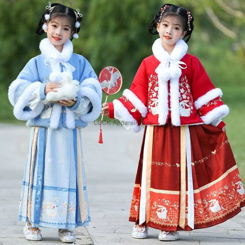 Hanfu Mingzhi-vestido cálido de estilo chino para niña, traje grueso de conejo de Jade, Han Element, ropa de Año Nuevo