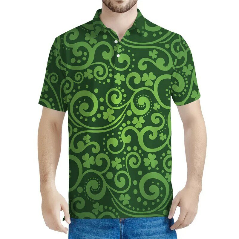 เสื้อโปโล Saint Patrick's Day เสื้อยืดพิมพ์ลาย3D โคลเวอร์สำหรับผู้ชายเสื้อเสื้อยืดหลวมฤดูร้อนเสื้อลำลองคอปกแขนสั้น