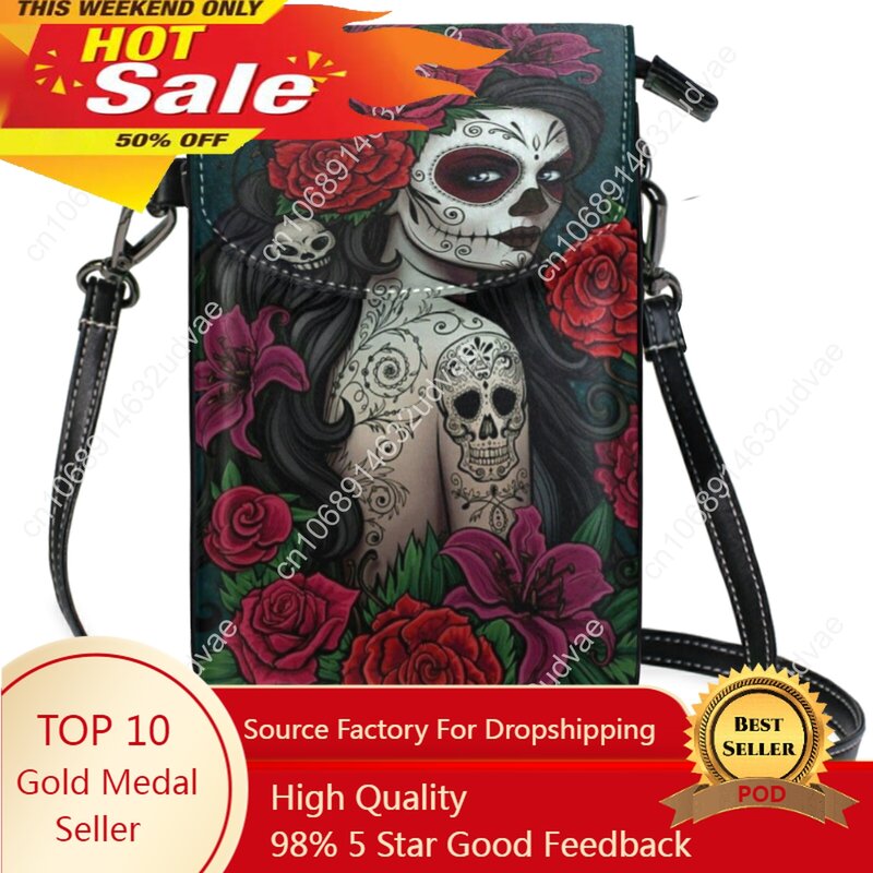 Nuova Mini borsa per cellulare PU Floral Sugar Skull Design donna Gothic Pu portamonete borse a tracolla incrociate Bolsa Mujer Feminina