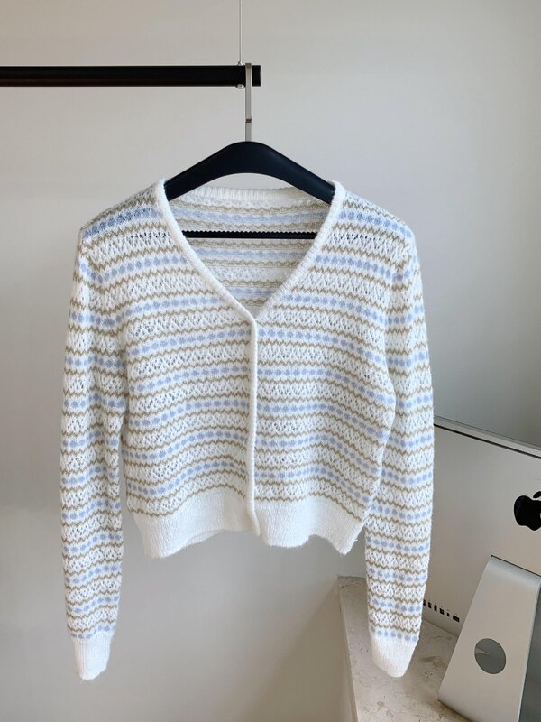 2024 Spring Dopamine Mohair Wool Striped Knitted Cardigan Jacket for Women's Spring New Gentle Girl V-neck Top Female Clothing