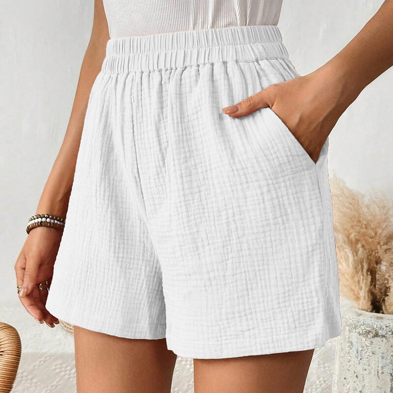 Shorts plissados de algodão feminino de camada dupla, perna reta calça casual, cintura alta shorts esportivos soltos, moda streetwear