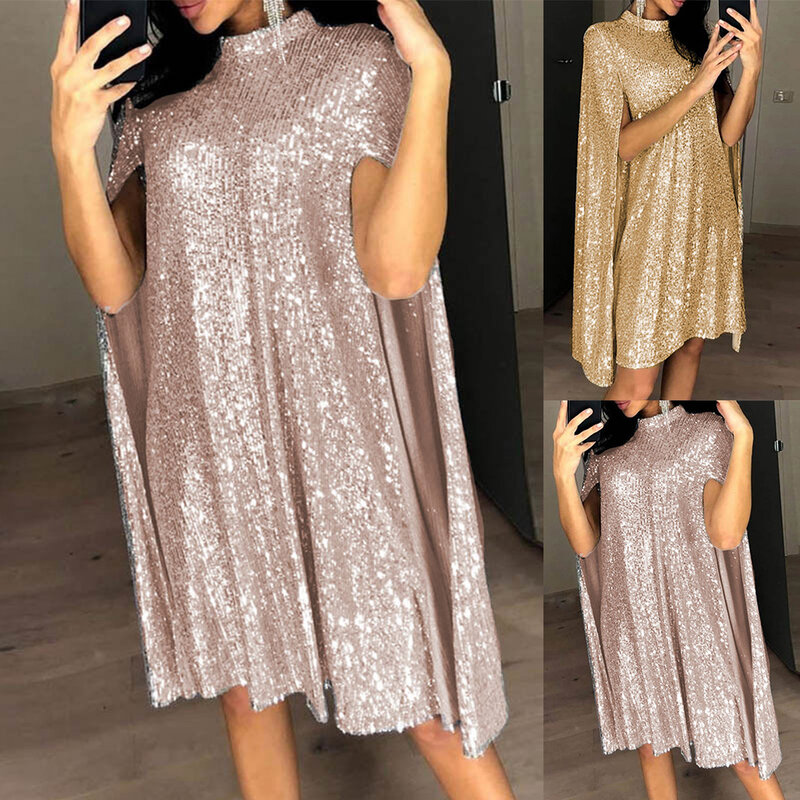 Comfy Fashion Dress Party Dress Slightly Elastic Solid Ball Banquet Cloak Sleeves Female Gold Gown Loose Party