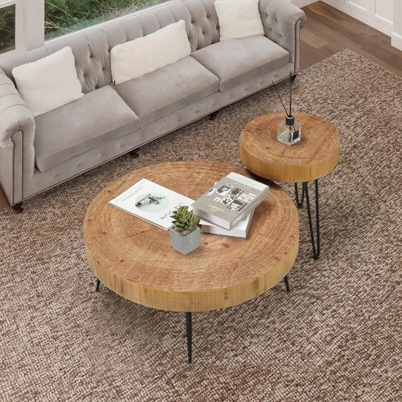 Modern Circle Natural Wood Finsh Side and End Table Sets for Living Room(Planar Cocktail Table Set Natural) Service Tables Coffe