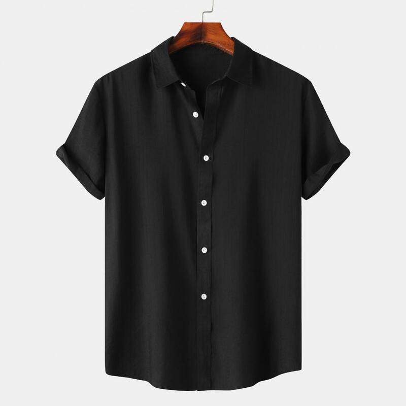 Camisa elegante com gola lapela masculina, design sem costura, tecido elástico, confortável roupa casual para negócios, blusa verão