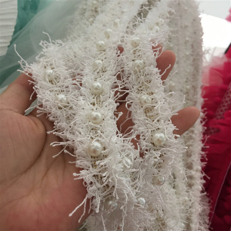 2.5cm Wide Luxury White Peals Beaded Lace Plush Trim Ribbon Wedding Dress Collar Neckline Applique Diy Crafts Sewing Supplies