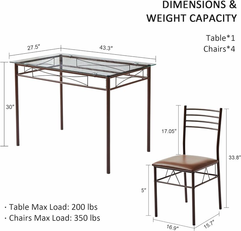 Mesa y sillas de comedor para cocina, juego de 5 piezas, ahorro de espacio (marrón), 43,3 ", 4 manteles individuales incluidos