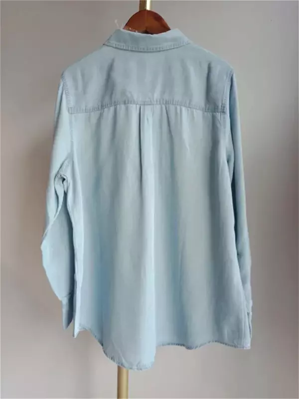 Blusa jeans vintage feminina, gola virada para baixo, peito único, camisa simples de manga longa, nova, primavera, 2022