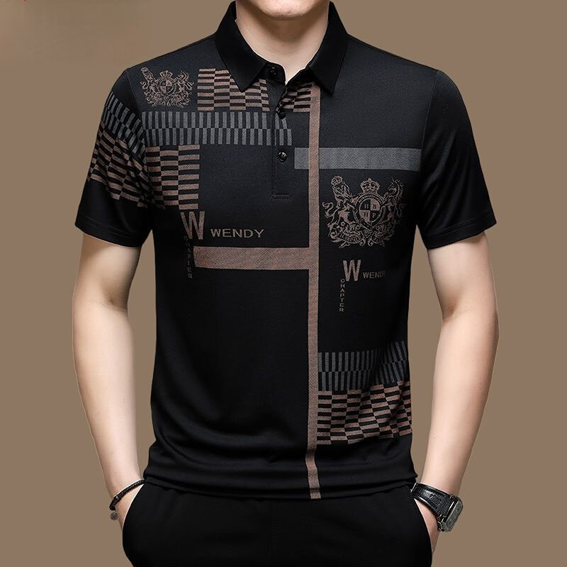 Men's Polo Shirt Business Casual Summer Short Sleeves Tops Pattern Print Button T Shirt Loose Clothes Fashion Polo T Shirt