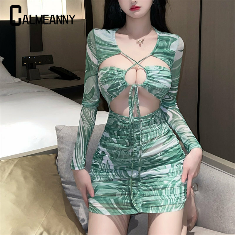 Women Dress 2023 Summer New Style Sexy Hollow Out Fold Long Sleeve Print Lace-Up Ruched Cut Out Waist Mini Bodycon Cross Dress
