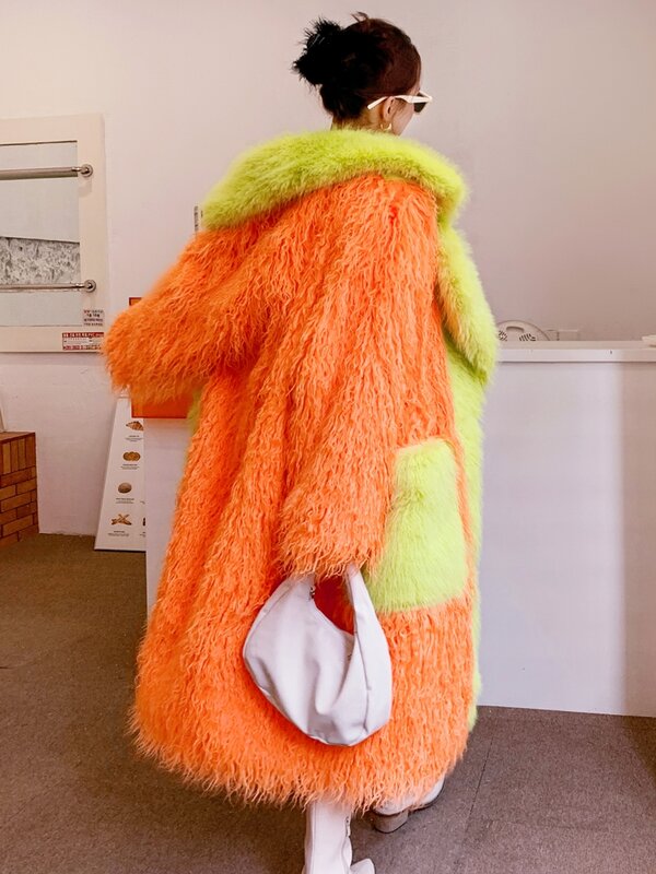 2024 winter new Orange fruit green eco-friendly fur long loose collar fur coat beach wool large pocket coat thick cotton top