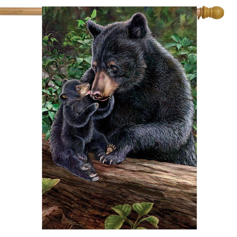 Black Bear Family Nature Garden Flag Wildlife Forest Floral Double Sided Courtyard Flags for Outdoor Terrace Lawn Decorations