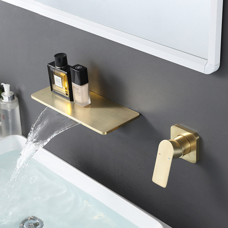 Brushed Gold Solid Brass Basin Faucet Waterfall Output Hot And Cold Water Wall Mount Split Independent Switch Basin Faucet