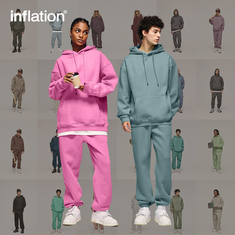 INFLATION 350gsm Thick Vlevet Tracksuit Unisex 2023 Trendy Solid Color Jogging Suit Mens Blank Matching Fleece Sweatpant Set