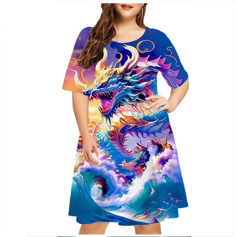 Vestido estampado dragão 3D feminino, vestido de festa manga curta, vestido de verão casual, solto, plus size, moda verão, novo, 2023
