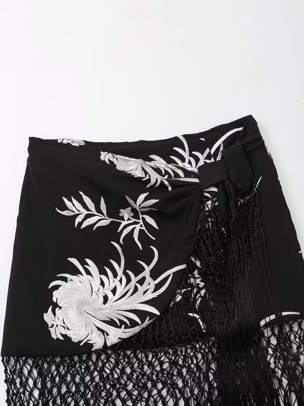 Falda bordada con borlas para Mujer, falda Retro de cintura alta con cremallera, decoración exquisita, temperamento del Joker, nueva moda, 2024
