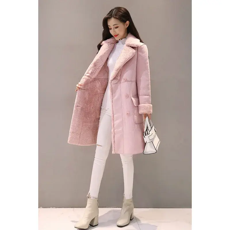Imitacja futro jagnięce deerskin aksamitny płaszcz do połowy długości dla kobiet 2024 Korea południowa zima nowe kaszmirowe pogrubienie
