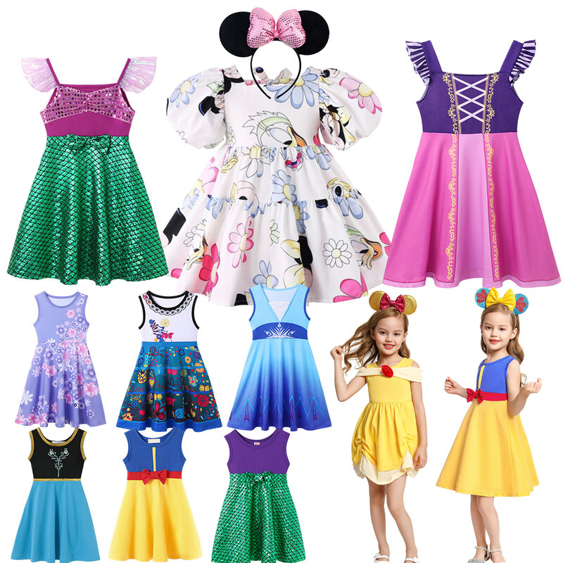 Disney-disfraz de princesa sirena Rapunzel para niña, ropa de Mickey Mouse, de algodón, Elsa, Frozen, vestido informal para niña, 2024