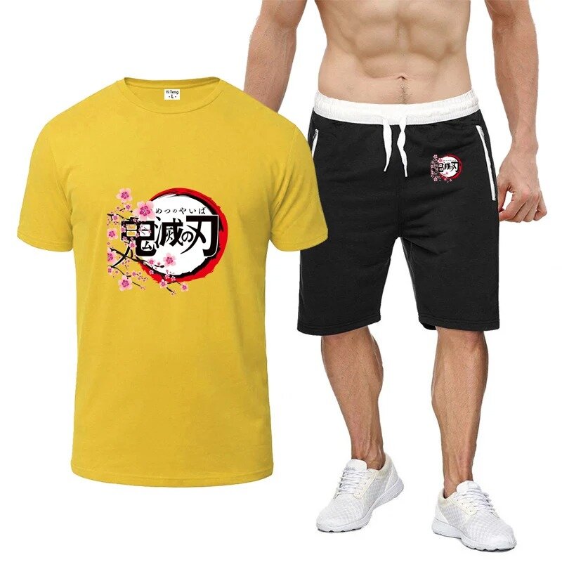Demon Slayer kaus Kamado Tanjirou Graphic, Set kaus celana pendek kasual lengan pendek delapan warna motif musim panas untuk pria