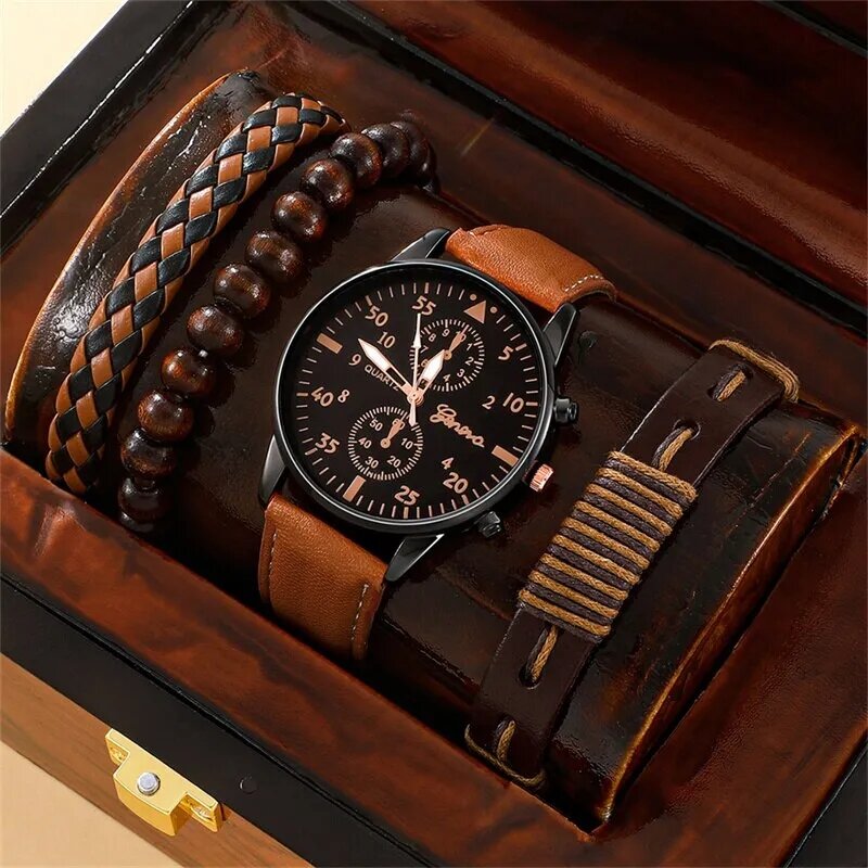 4 шт./комплект, мужские кварцевые часы с кожаным ремешком