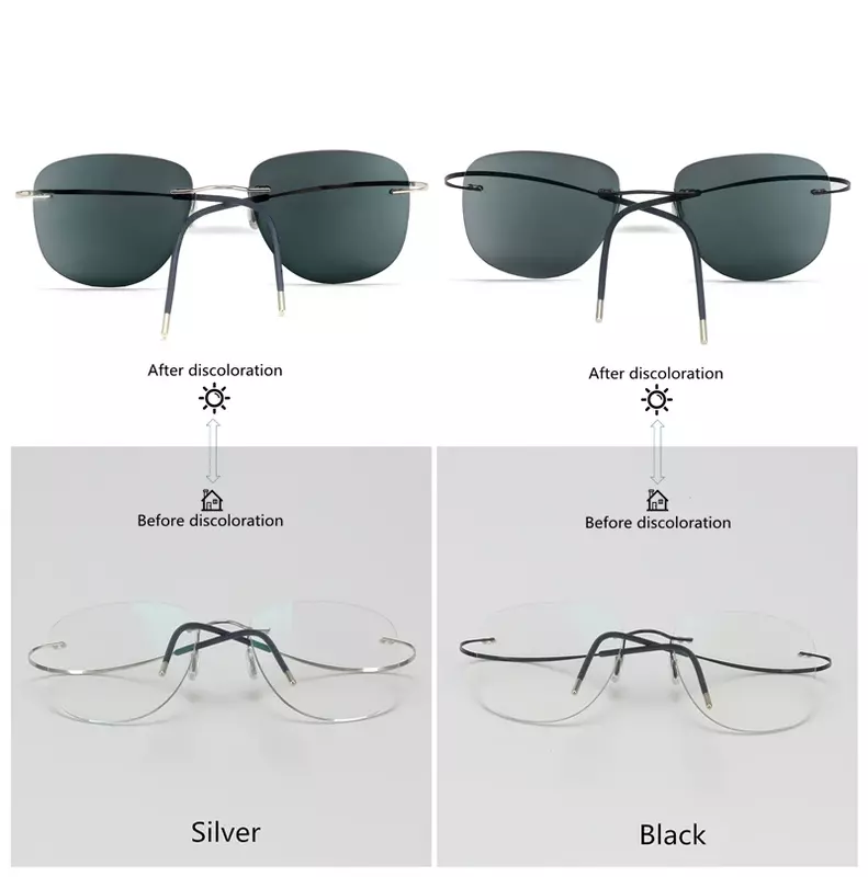 Titanium Transition Aviation Sunglasses Photochromic Reading Glasses Rimless Eyeglasses Men with Diopters