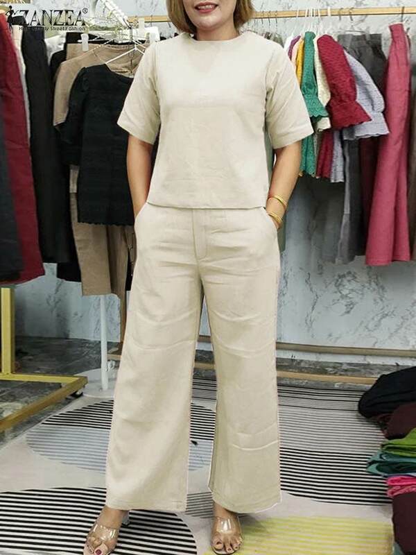 2024 zanzea กางเกงขายาวแขนสั้นสำหรับฤดูร้อนเซ็ต2ชิ้นเสื้อผู้หญิงทำงานสีพื้นชุดเข้าชุด