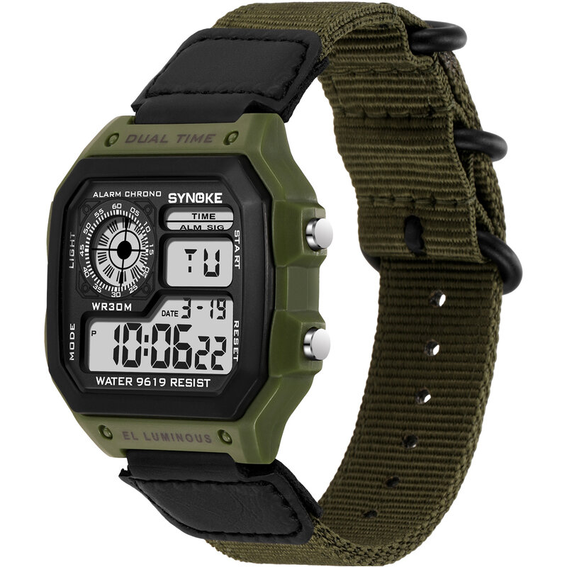 Reloj deportivo electrónico para hombre, cronógrafo Digital con tres anillos, correa de nailon, informal, verde militar, resistente al agua