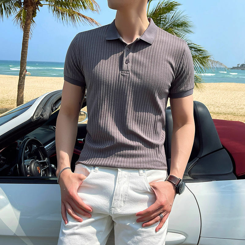 Men's Ice Silk Slim All-match Polo Shirts Summer New Short Sleeve Solid Color Trend Tops Tees Fashion Street Casual Men Clothing