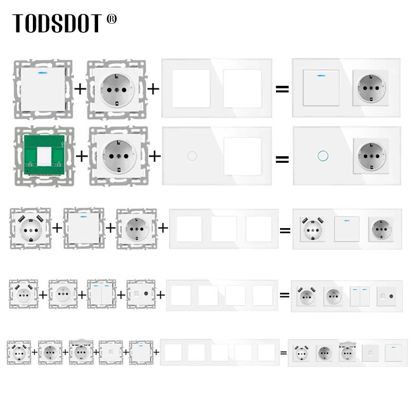 Todsdot 16A ติดผนังมาตรฐานยุโรปสวิทช์ไฟเบ้าเสียบโมดูล DIY แผงแก้วสีขาวฟรีปุ่มฟังก์ชั่นแนวตั้ง