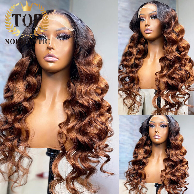 Topnormantic-Peluca de cabello brasileño para mujer, postizo de encaje frontal 13x4, degradado Color marrón, línea de pelo prearrancada, cierre de encaje 4x4, sin pegamento