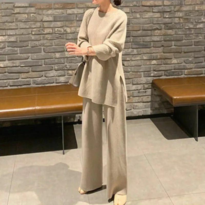 Winter Casual Thicken Knit Suits Women Fashion Warm Two Piece Sweater Wide Leg Pants Loose Elegant Elastic Waist Sweater Sets