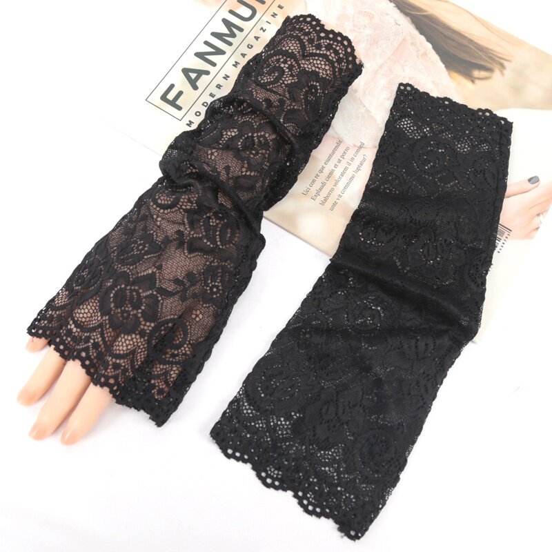 1 Pair Arm Sleeves Lace Sunscreen Short Gloves Ultra-thin UV Protection Arm Cover for Summer Sunblock Arm Cuffs Driving Sleeves