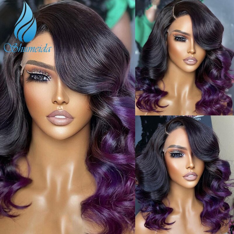 Shumeida Ombre Purple Color 13*6  Lace Front Wig Peruvian Remy Human Hair Gluelss Wigs for Women PrePlucked Hairline Baby Hair