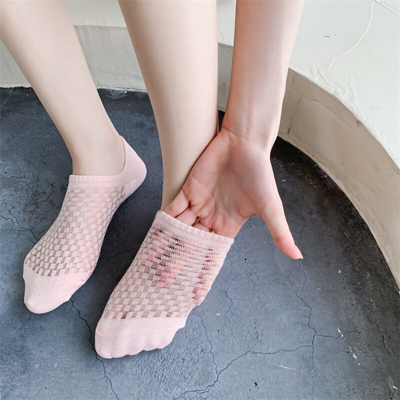 5 pairs Women Summer Casual Ankle Socks Breathable Thin Shallow Anti-slip Solid Color Low Cut Invisible Mesh Female Boat Sox