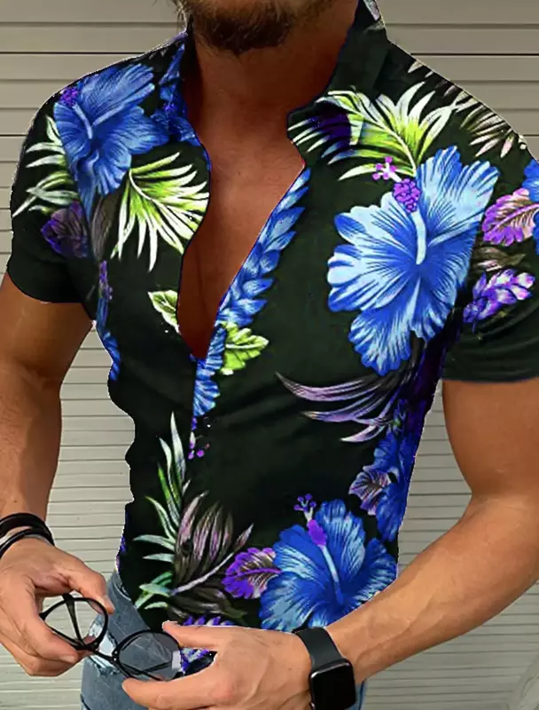 남성용 단추 꽃무늬 셔츠, 스트리트 3D 프린트 플러스 사이즈 하와이안 셔츠, 통기성 비치 반팔, 여름