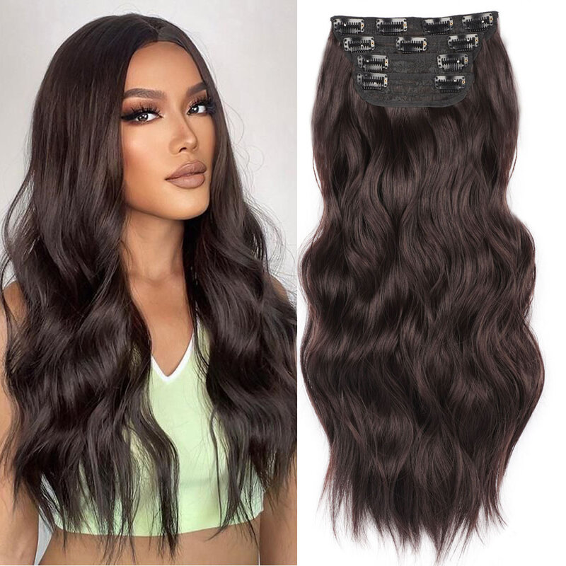 4PCS Wavy Clip in Synthetic Hair Extensions Dark Brown Hair Extensions clip in Double Weft Natural Hair Extensions Long Wavy