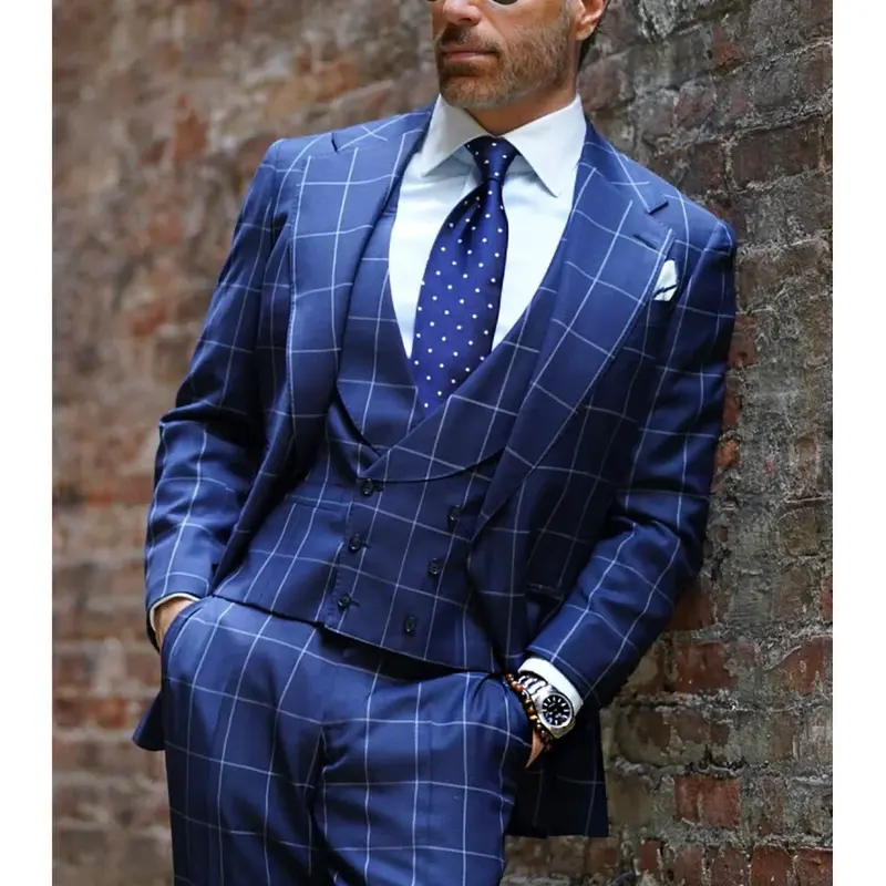 Элегантные клетчатые однобортные мужские костюмы с отложным воротником с вырезом, облегающий Модный деловой Повседневный смокинг из 3 предметов (Блейзер + жилет + брюки)