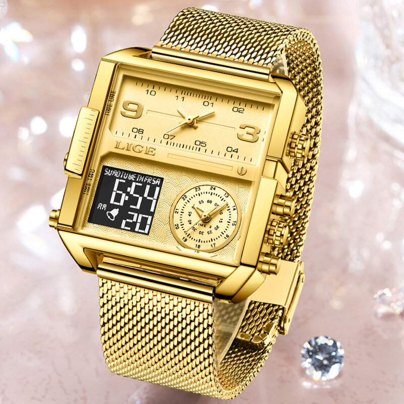 Часы наручные LIGE женские с квадратным циферблатом, брендовые Роскошные креативные модные золотистые с двойным дисплеем, с коробкой, 2023