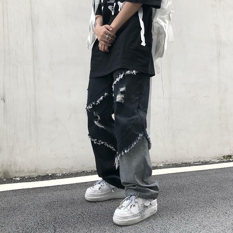 Pantaloni Jeans da uomo con foro Casual Vintage gamba dritta moda coreana Streetwear pantaloni Harajuku
