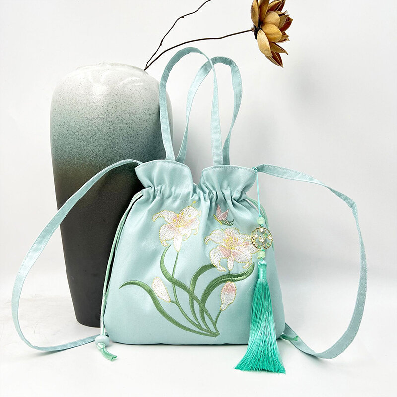 Bolsa chinesa antiga bordada flor para mulheres, sacos de cordão, borla hanfu bolsa, telefone bolsa, alça bolsa, elegante cosplay