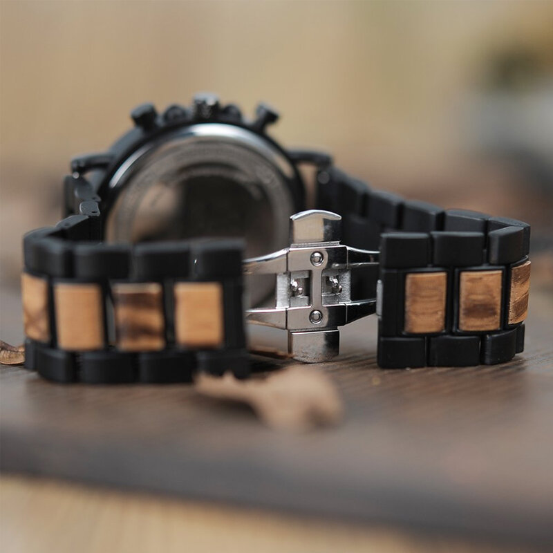 Relógios de madeira elegantes para homens, madeira e aço inoxidável, cronógrafo combinado, quartzo militar, relógio de pulso casual