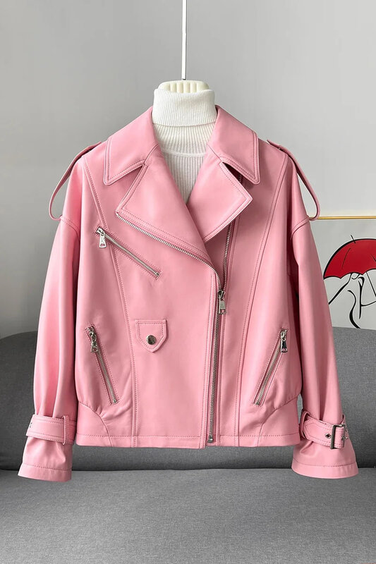 Jaqueta de couro genuíno feminina, casaco de motocicleta, jaqueta solta de pele de carneiro, top rosa curto, novo, primavera 2022