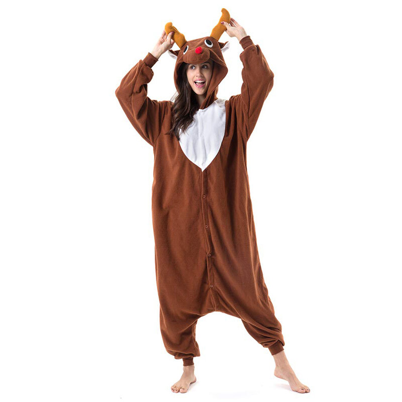 Пижама-кигуруми с изображением рождественского оленя, темно-коричневого цвета, цельная Пижама для взрослых, зимний комбинезон с мультяшным рисунком, одежда для сна