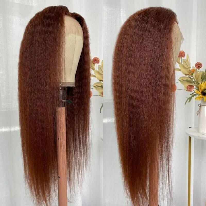 Yaki Soft Preplucked Brown Blonde 30Inch Long Kinky Straight Lace Front Wig For Black Women With Baby Hair Synthetic Glueless