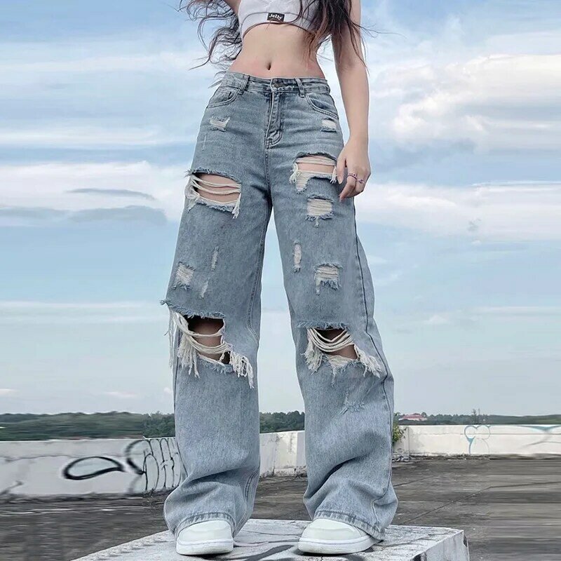 Женские рваные джинсы, уличная одежда, прямые брюки со средней талией, свободные брюки с широкими штанинами, джинсы Y2K, летние, стандартные женские джинсы
