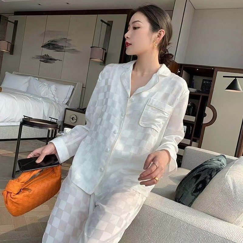 5XL oversized jacquard plaid silk spring and summer long-sleeved suit ice silk pajamas women's cardigan small lapel home clothes