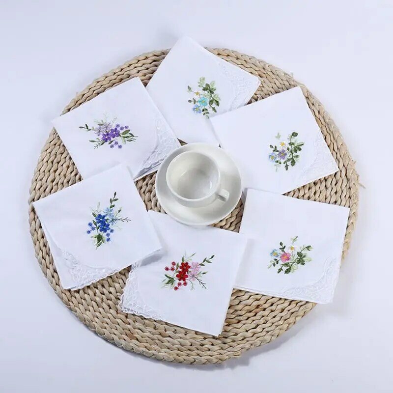 5 pezzi/set 11x11 pollici fazzoletti quadrati in cotone da donna ricamati floreali con tasca in stile pastorale con angolo in